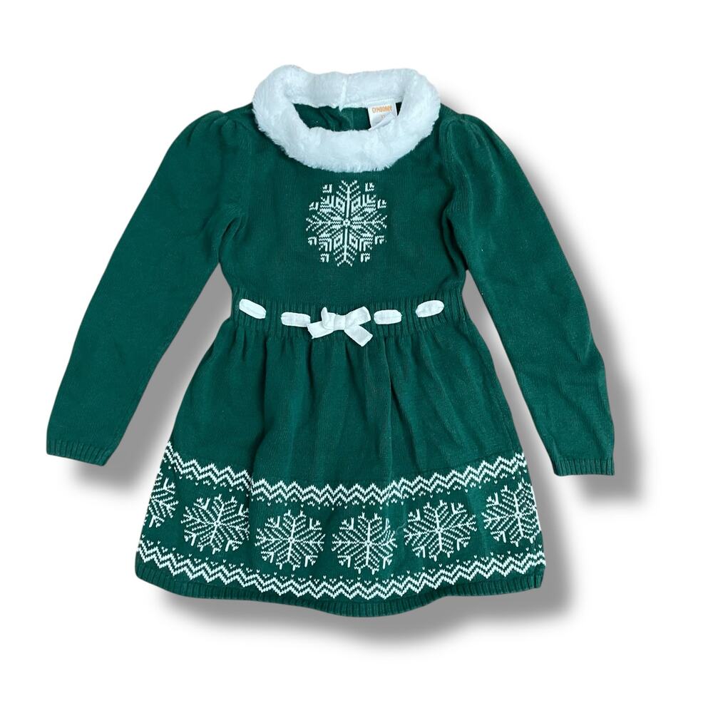 Gymboree 3T Green Snowflake Sweater Dress‎ Faux Fur Collar Holiday Knit Winter
